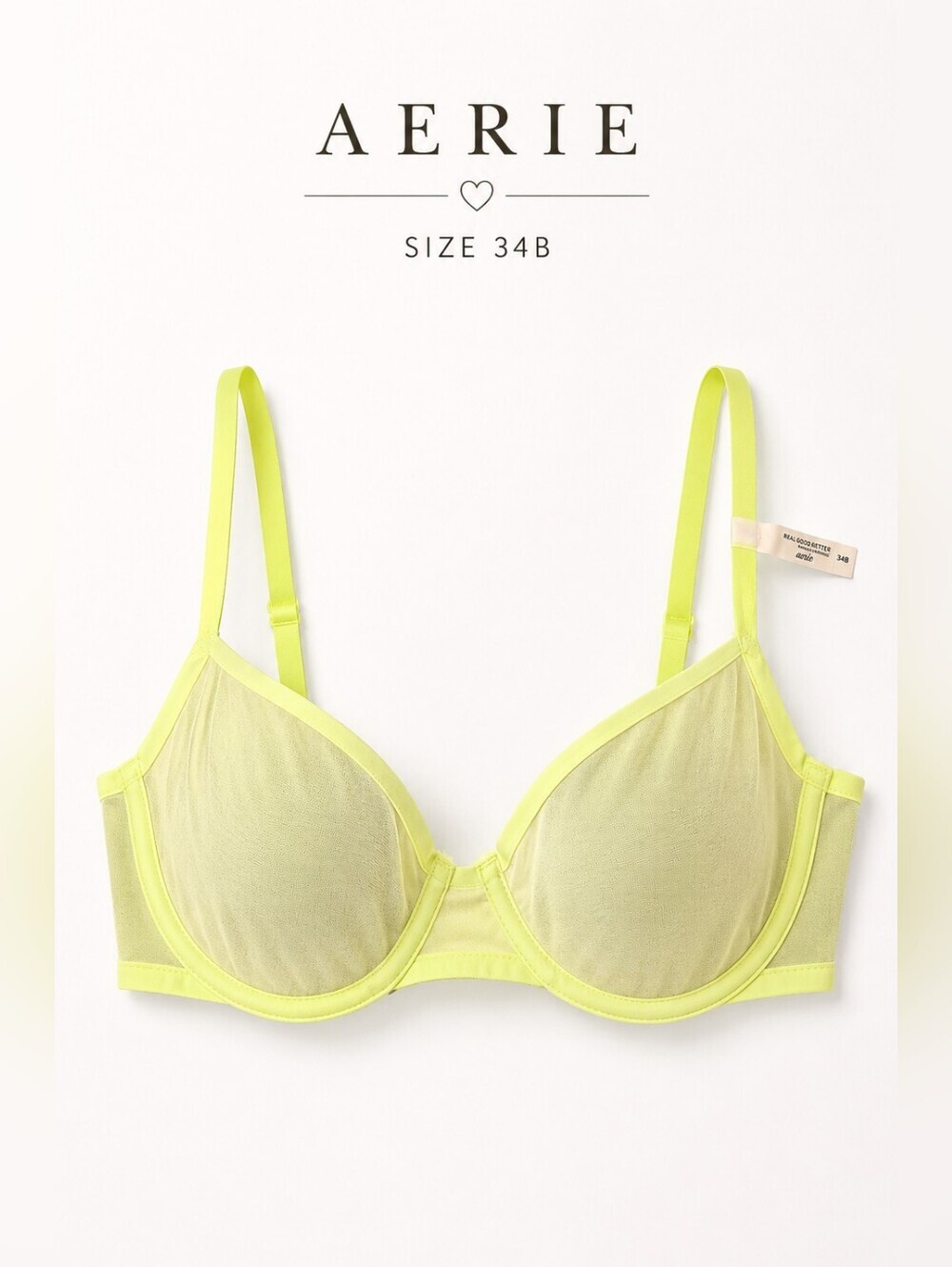 Aerie Real Good Sheer Mesh Underwire Bra Neon Yellow Lime Green 34B NWT